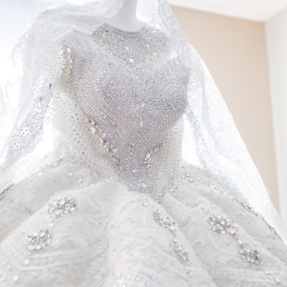 Beautiful Leo Almodal inspired gown with 13 feet + glitter veil with lace edge.